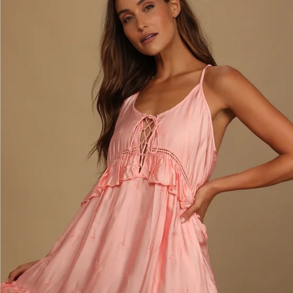 Lulus Dresses & Skirts - Lulus Total Sweetheart Coral Pink Embroidered Lace-Up Swing Dress Size L NWTs